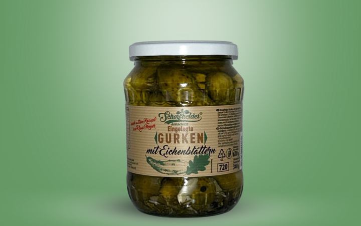 Eingelegte Gurken mit Eichenblättern Glas 670g (Achtung! Nettogewicht neu)