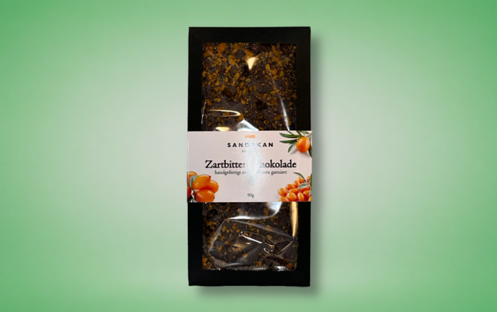 Zartbitter Schokolade mit Sanddorn, handgefertigt Tafel 90g